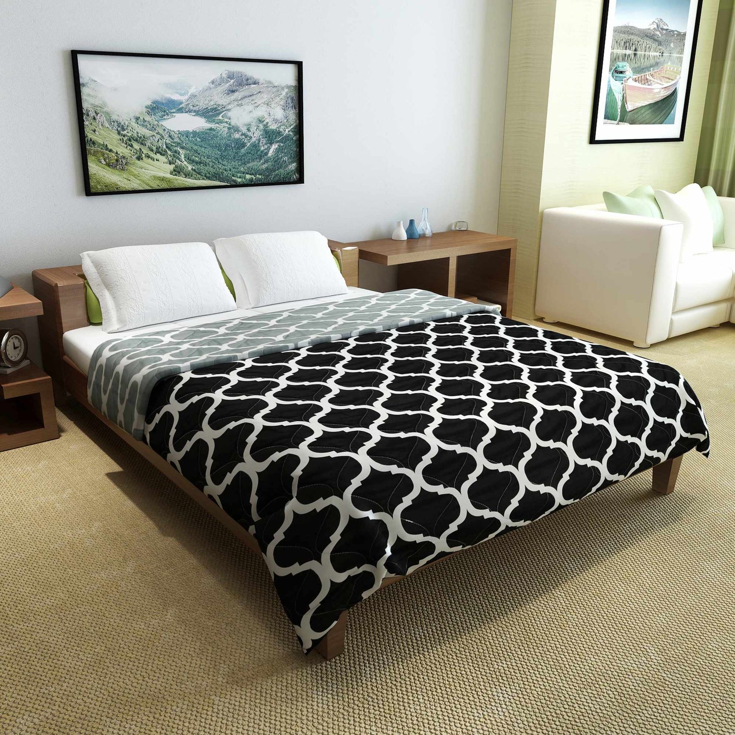 Black And Grey Microfibre 150 GSM Abstract Pattern Reversible Double Bed AC Quilt Comforter