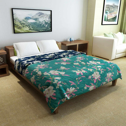 Navy Blue Microfibre 150 GSM Flower Pattern Reversible Double Bed AC Quilt Comforter