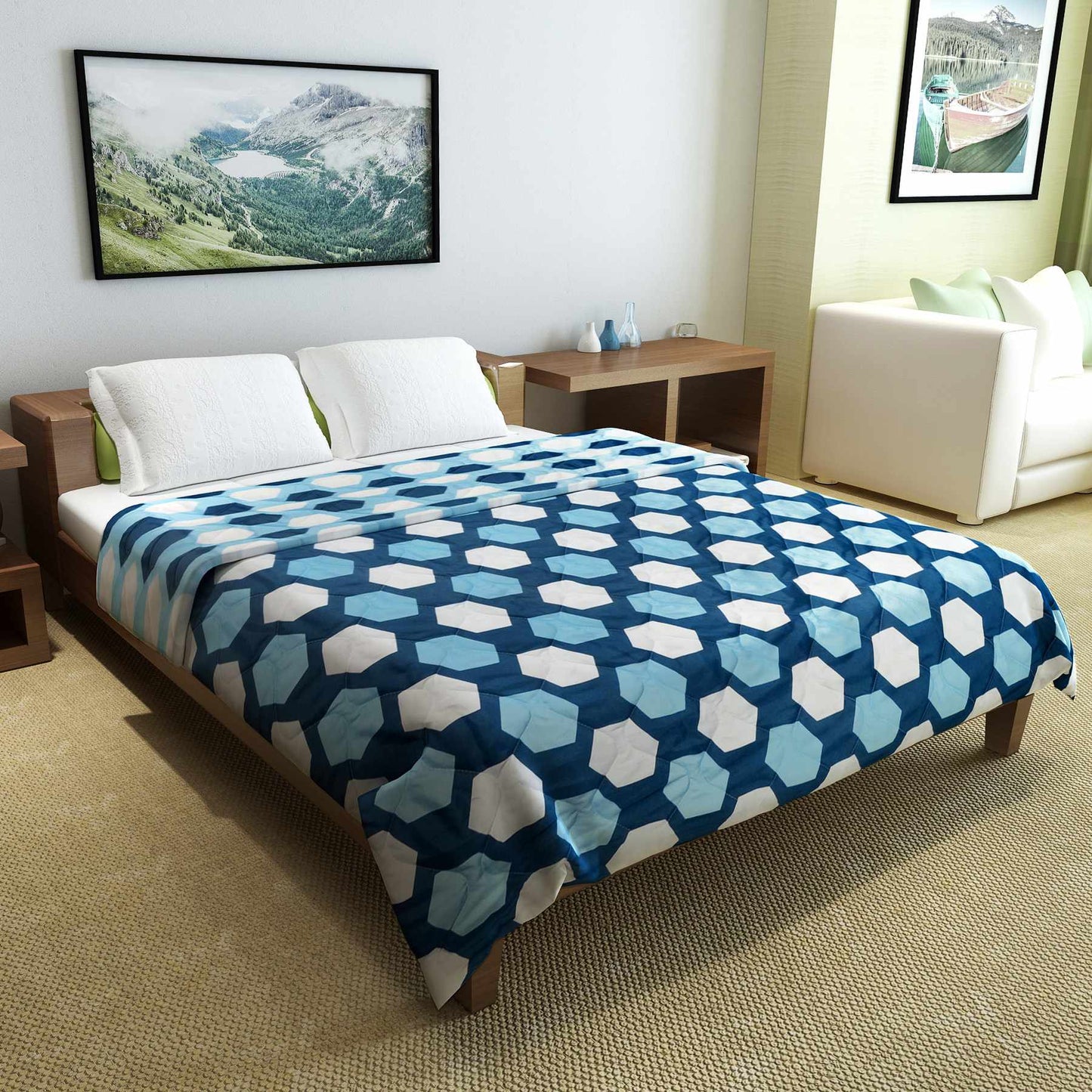 Blue And White Microfibre 150 GSM Hexagon Pattern Reversible Double Bed AC Quilt Comforter