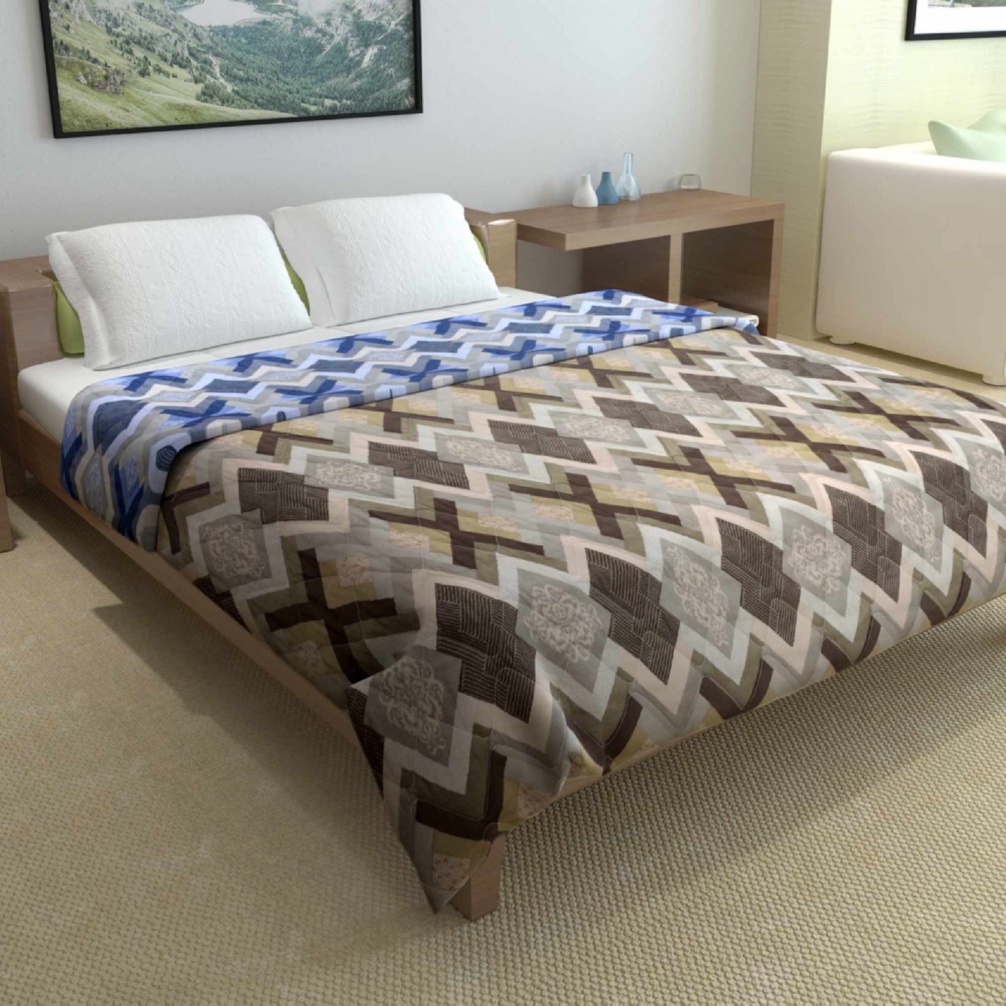 Blue And Brown Multicolors Microfibre 150 GSM Geometric Pattern Reversible Double Bed AC Quilt Comforter