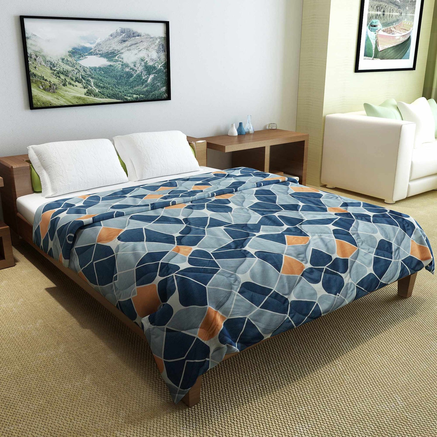 Navy Blue And Grey Microfibre 150 GSM Abstract Pattern Reversible Double Bed AC Quilt Comforter