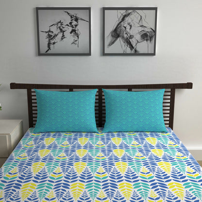 Blue & Yellow Floral Cotton Bedsheet for Double Bed (254 X 222 CM)