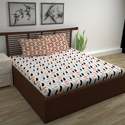 Peach & Black Abstract 144 TC Polycotton Double Bedsheet With 2 Pillowcovers
