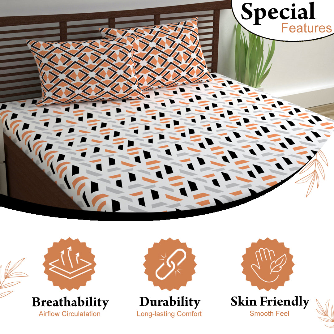 Peach & Black Abstract 144 TC Polycotton King Bedsheet With 2 Pillowcovers