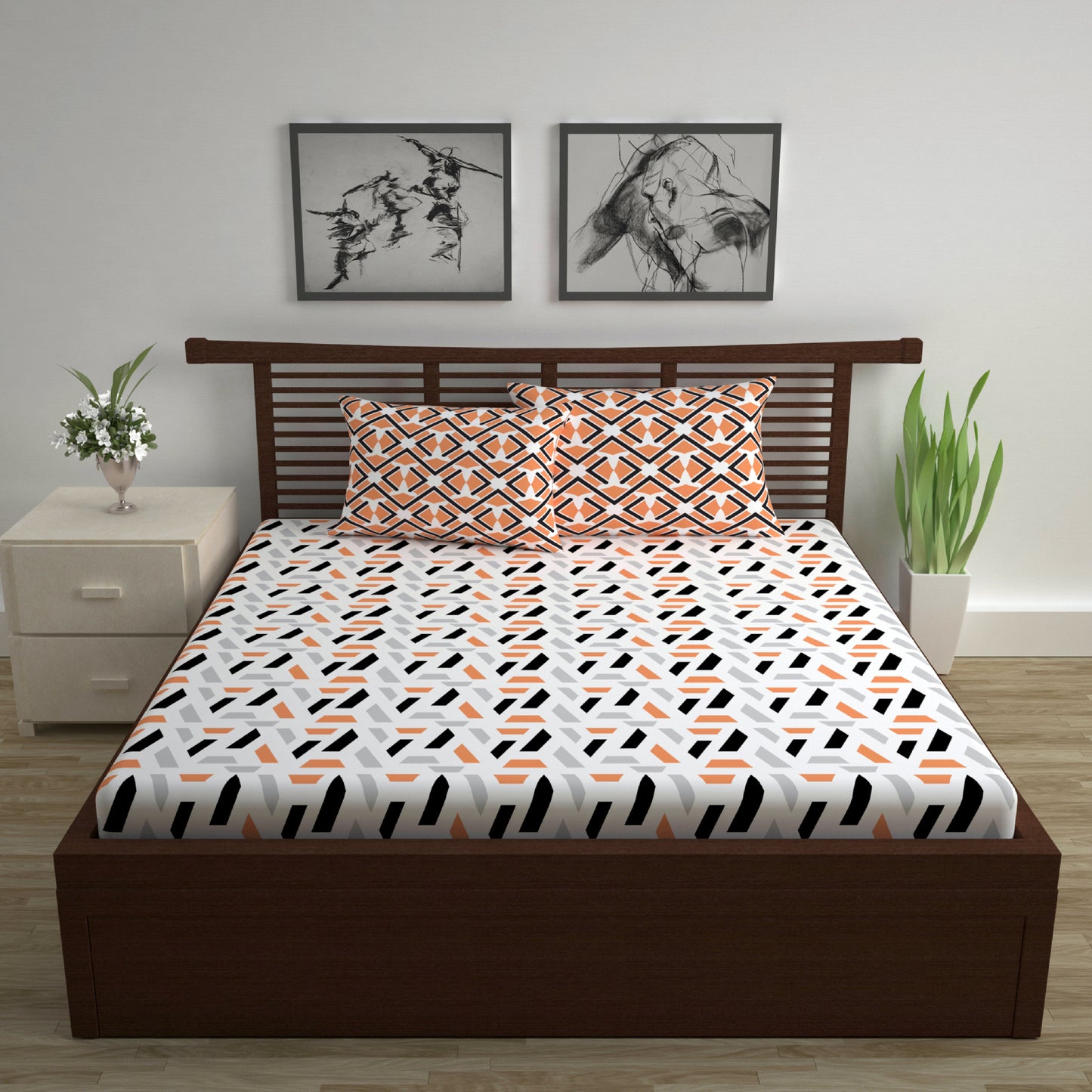 Peach & Black Abstract 144 TC Polycotton Double Bedsheet With 2 Pillowcovers