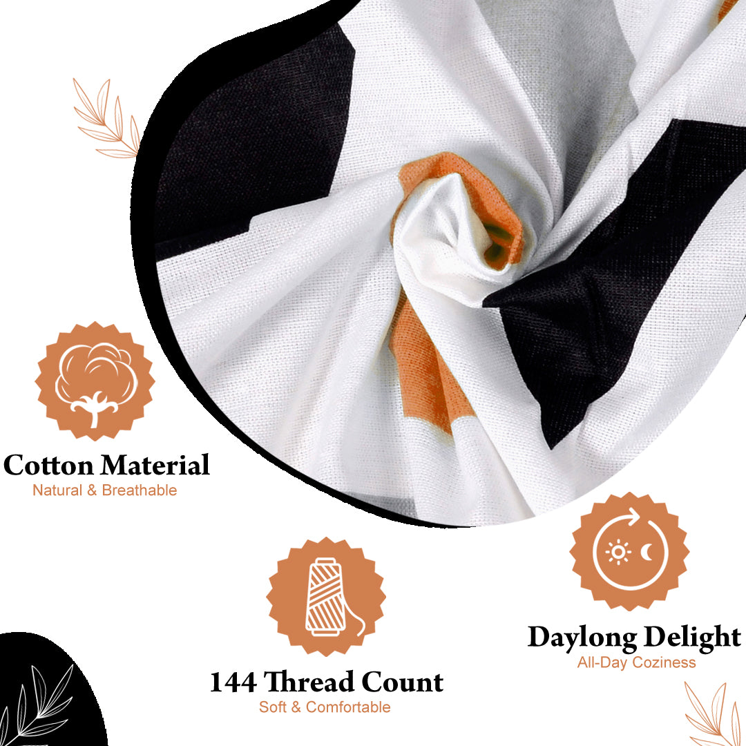 Peach & Black Abstract 144 TC Polycotton Double Bedsheet With 2 Pillowcovers