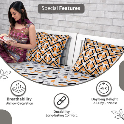 Peach & Black Abstract 144 TC Polycotton King Bedsheet With 2 Pillowcovers
