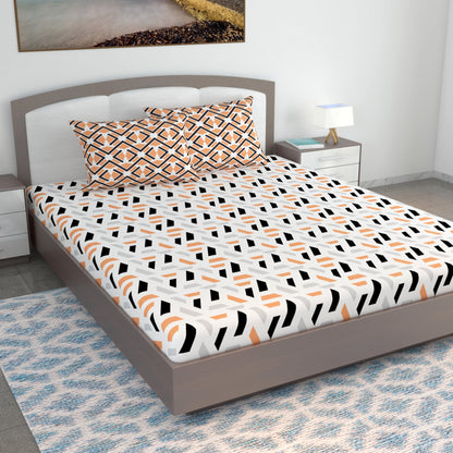 Peach & Black Abstract 144 TC Polycotton King Bedsheet With 2 Pillowcovers