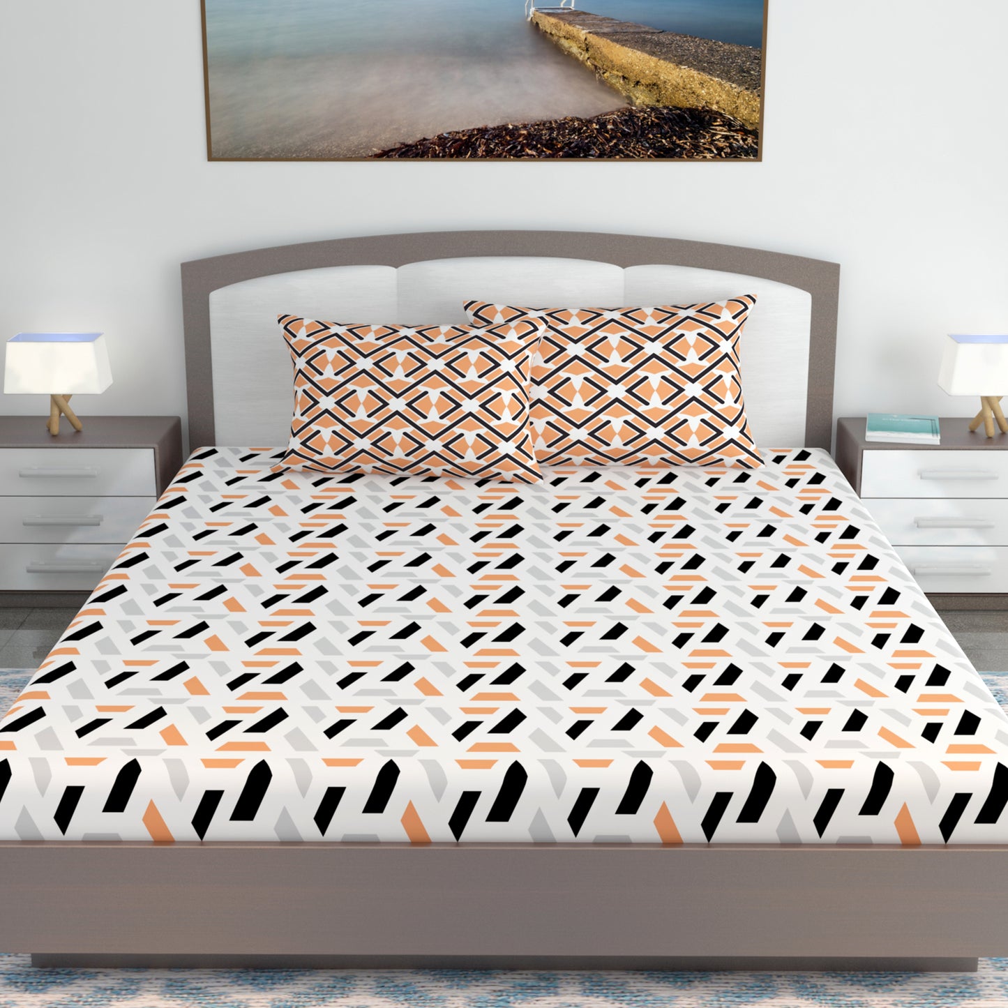 Peach & Black Abstract 144 TC Polycotton King Bedsheet With 2 Pillowcovers