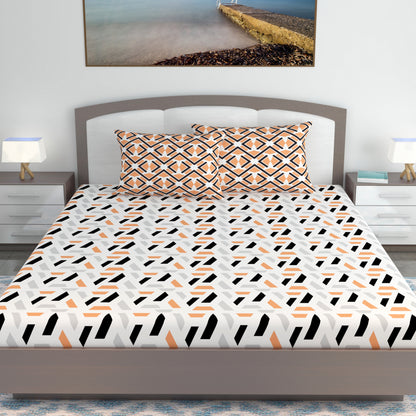 Peach & Black Abstract 144 TC Polycotton King Bedsheet With 2 Pillowcovers