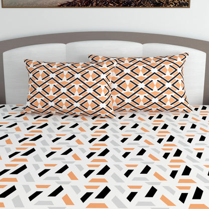 Peach & Black Abstract 144 TC Polycotton King Bedsheet With 2 Pillowcovers