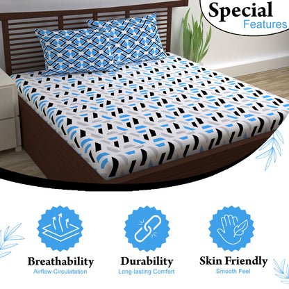 Grey & Blue Abstract 144 TC Polycotton Double Bedsheet With 2 Pillowcovers