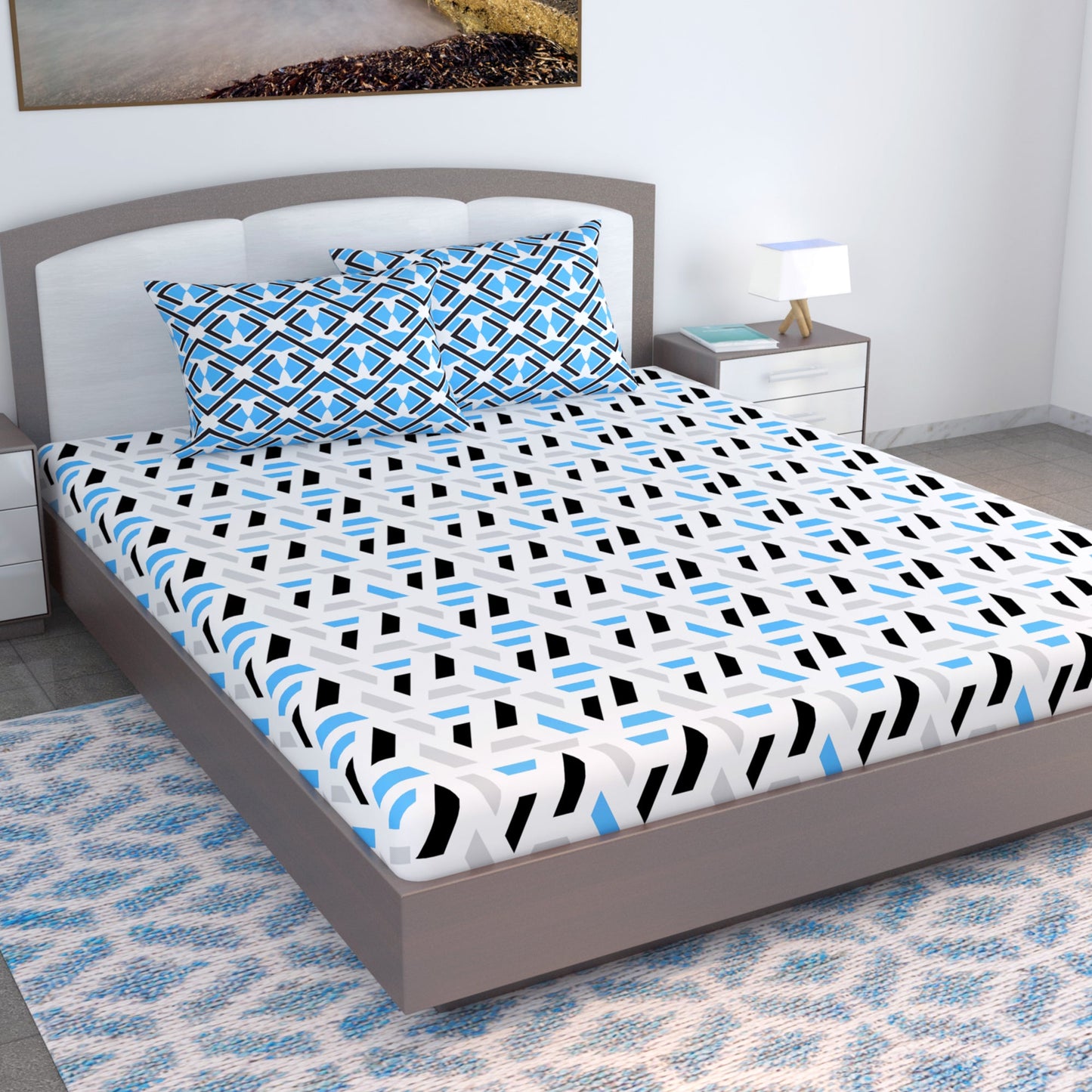 Grey & Blue Abstract 144 TC Polycotton King Bedsheet With 2 Pillowcovers