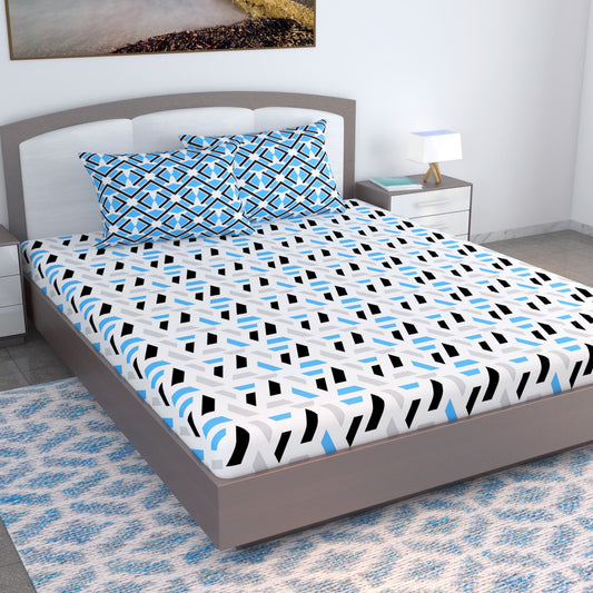 Grey & Blue Abstract 144 TC Polycotton King Bedsheet With 2 Pillowcovers