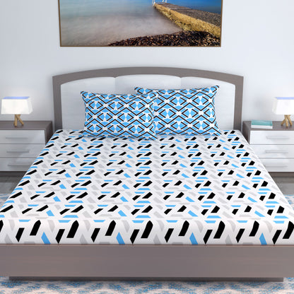 Grey & Blue Abstract 144 TC Polycotton King Bedsheet With 2 Pillowcovers