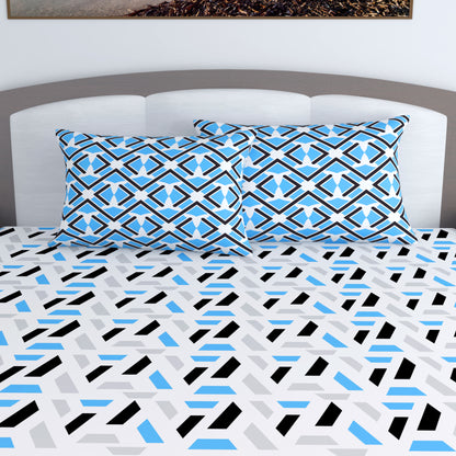 Grey & Blue Abstract 144 TC Polycotton King Bedsheet With 2 Pillowcovers