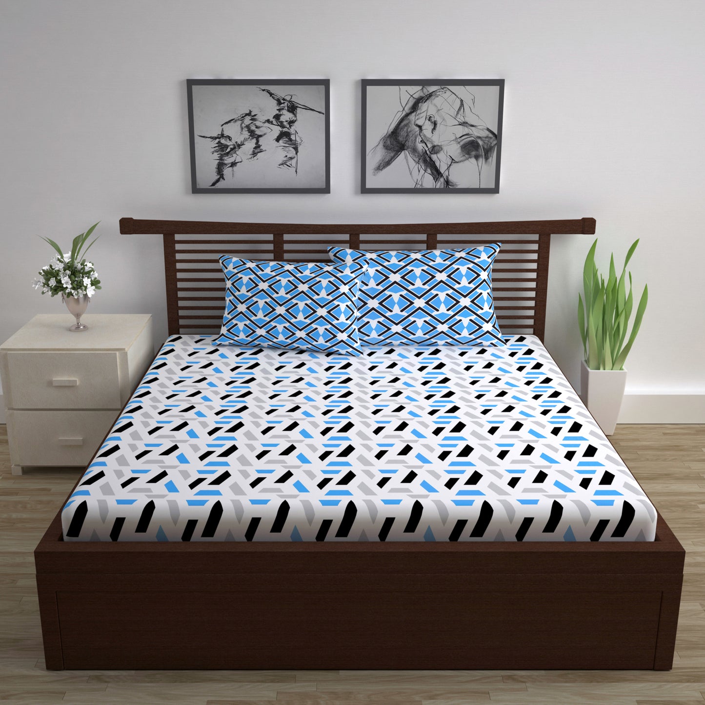 Grey & Blue Abstract 144 TC Polycotton Double Bedsheet With 2 Pillowcovers