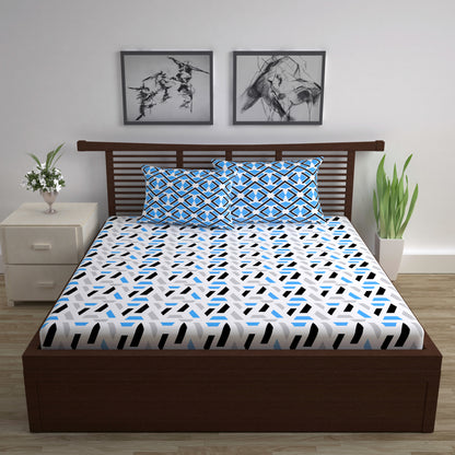 Grey & Blue Abstract 144 TC Polycotton Double Bedsheet With 2 Pillowcovers