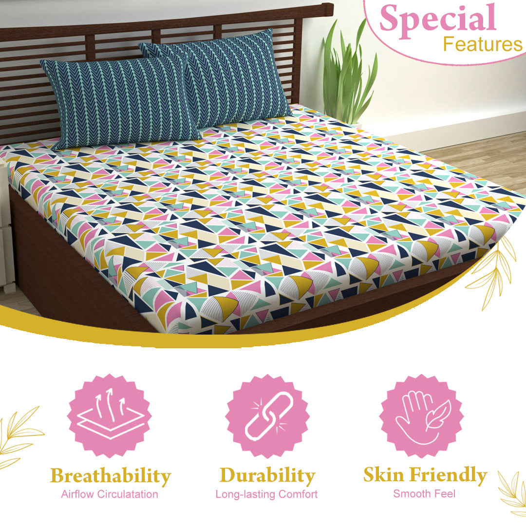 144 TC Multicolor Geometric Cotton Double Bedsheet With 2 Pillowcovers