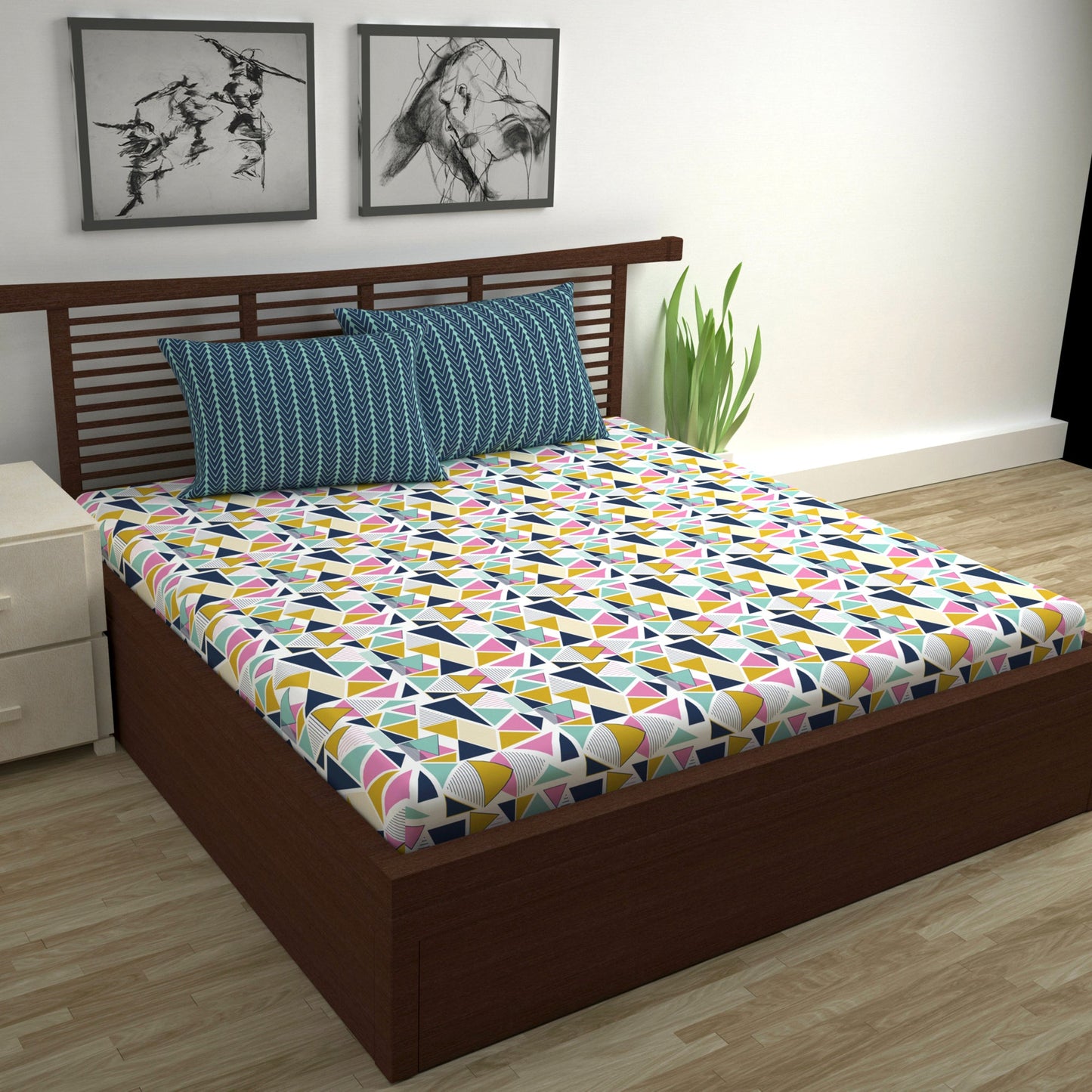 144 TC Multicolor Geometric Cotton Double Bedsheet With 2 Pillowcovers