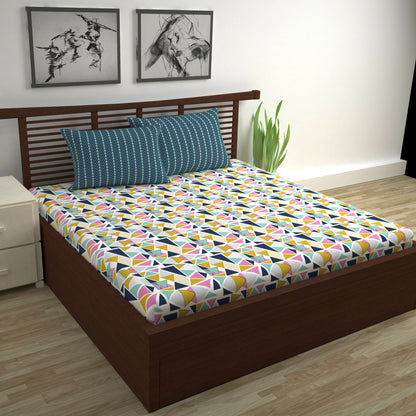 144 TC Multicolor Geometric Cotton Double Bedsheet With 2 Pillowcovers