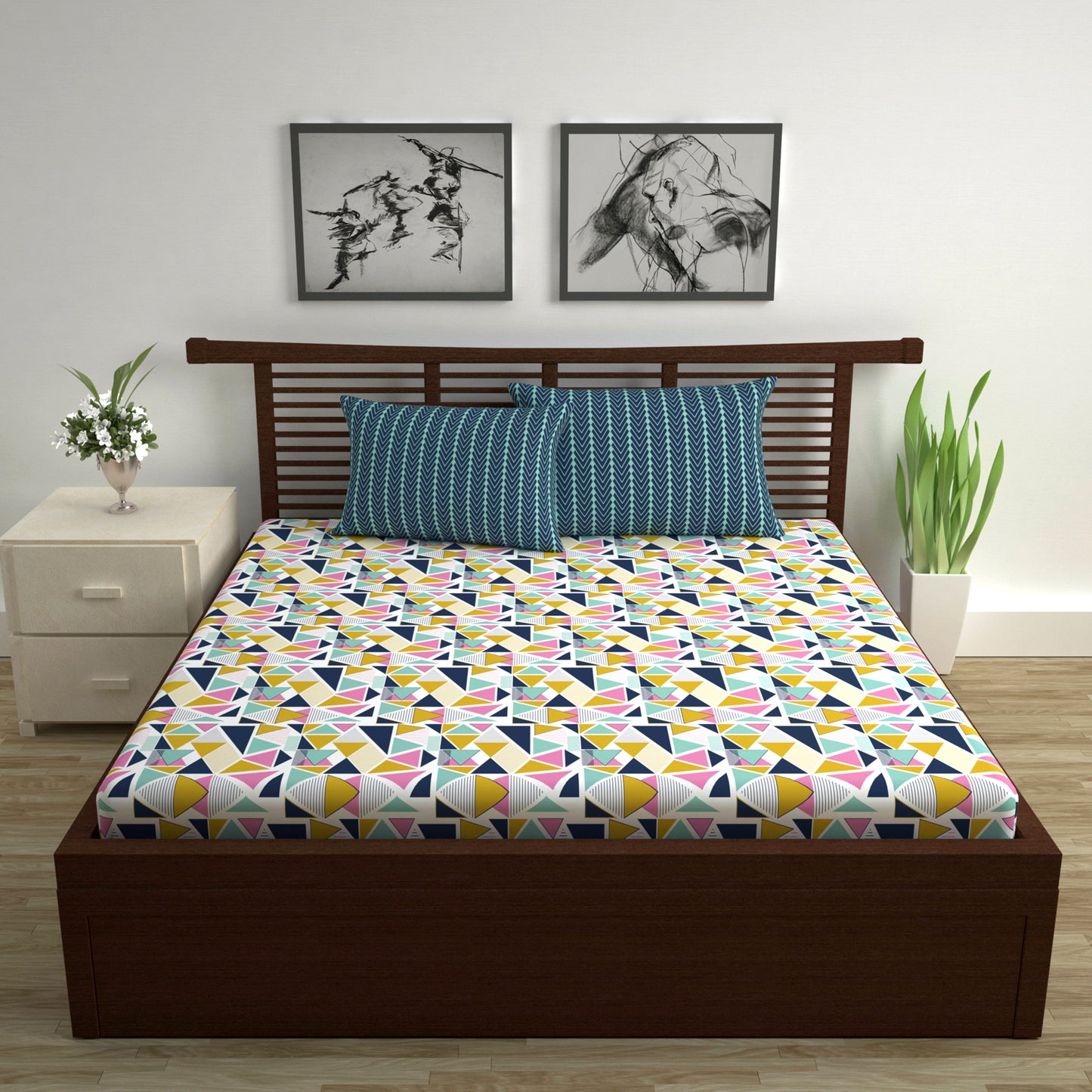 144 TC Multicolor Geometric Cotton Double Bedsheet With 2 Pillowcovers