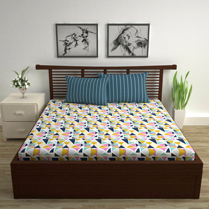 144 TC Multicolor Geometric Cotton Double Bedsheet With 2 Pillowcovers