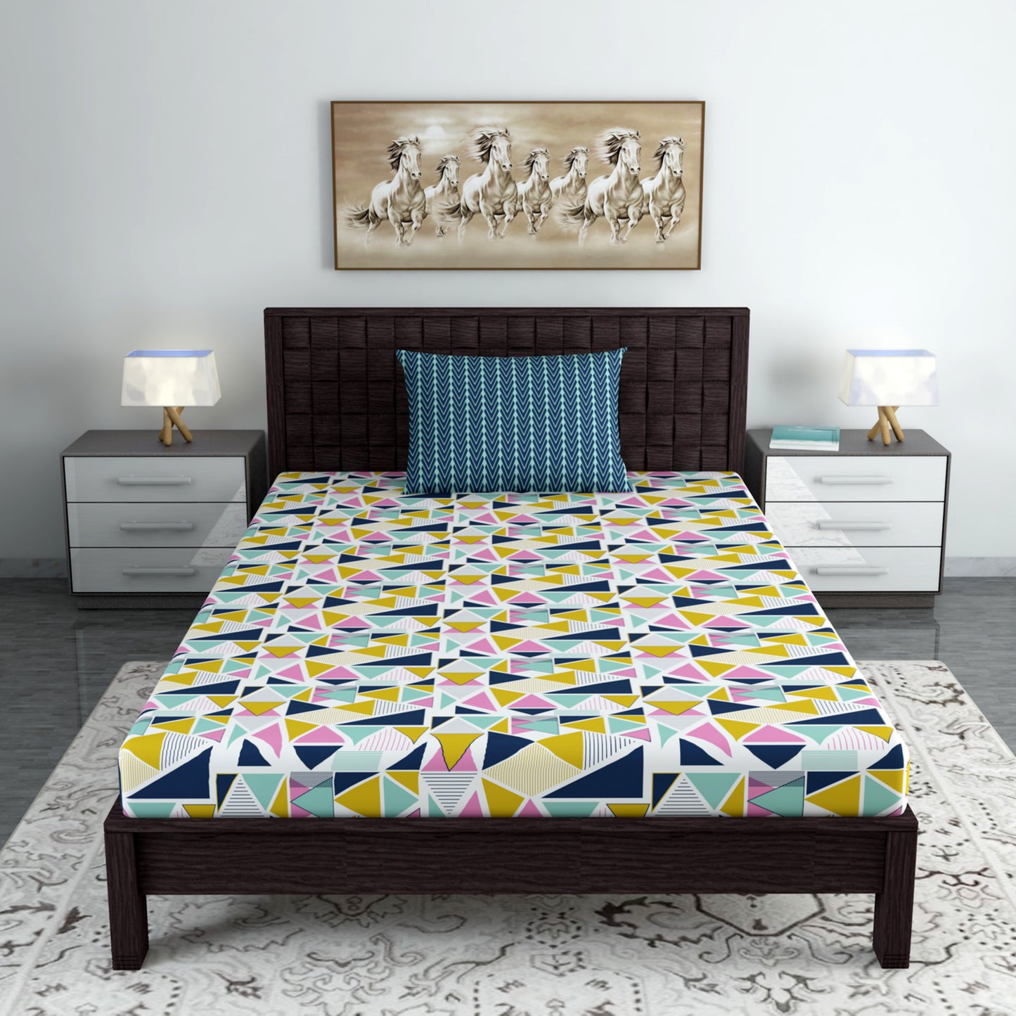 Multicolor Geometric 144 TC Polycotton Single Bedsheet With 1 Pillowcover