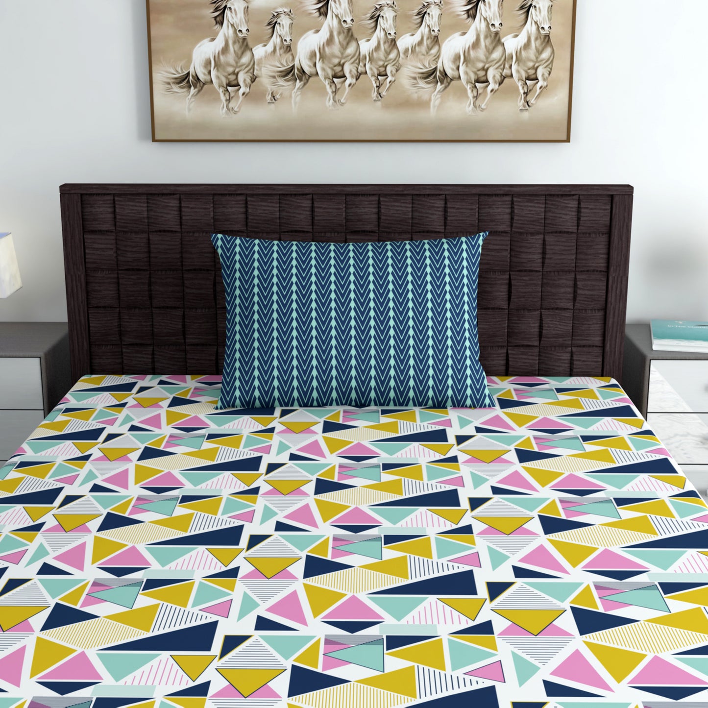 Multicolor Geometric 144 TC Polycotton Single Bedsheet With 1 Pillowcover