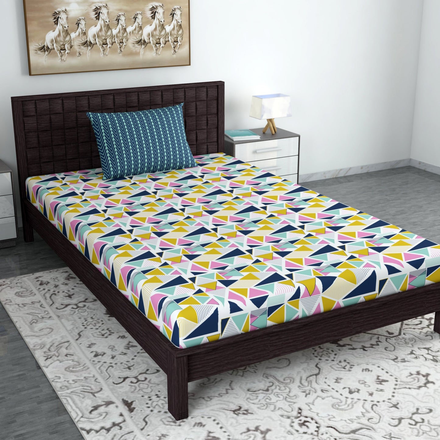 Multicolor Geometric 144 TC Polycotton Single Bedsheet With 1 Pillowcover