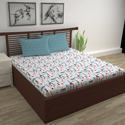 Red, Teal & White Abstract 144 TC Polycotton Double Bedsheet With 2 Pillowcovers