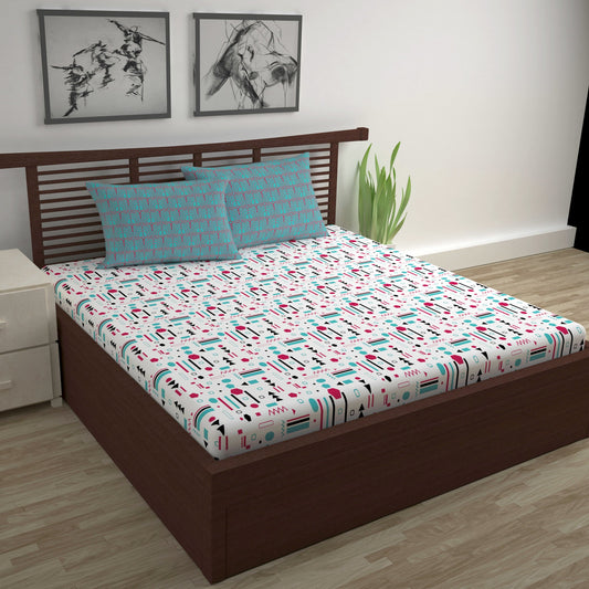 Red, Teal & White Abstract 144 TC Polycotton Double Bedsheet With 2 Pillowcovers