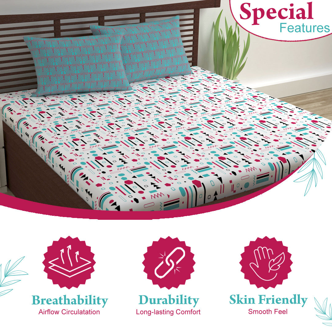 Red, Teal & White Abstract 144 TC Polycotton Double Bedsheet With 2 Pillowcovers