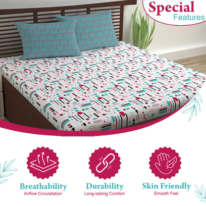 Red, Teal & White Abstract 144 TC Polycotton Double Bedsheet With 2 Pillowcovers