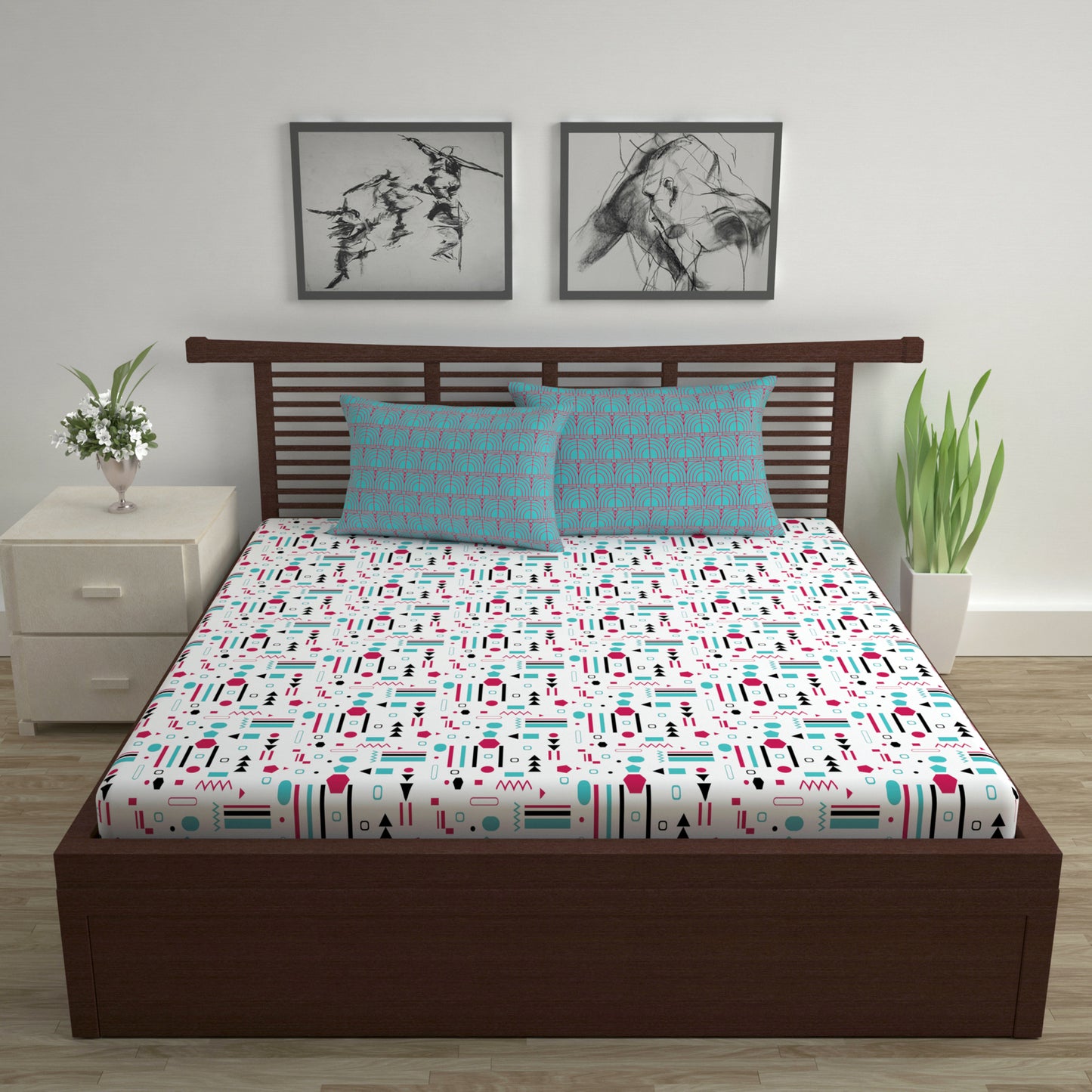 Red, Teal & White Abstract 144 TC Polycotton Double Bedsheet With 2 Pillowcovers
