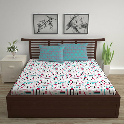 Red, Teal & White Abstract 144 TC Polycotton Double Bedsheet With 2 Pillowcovers