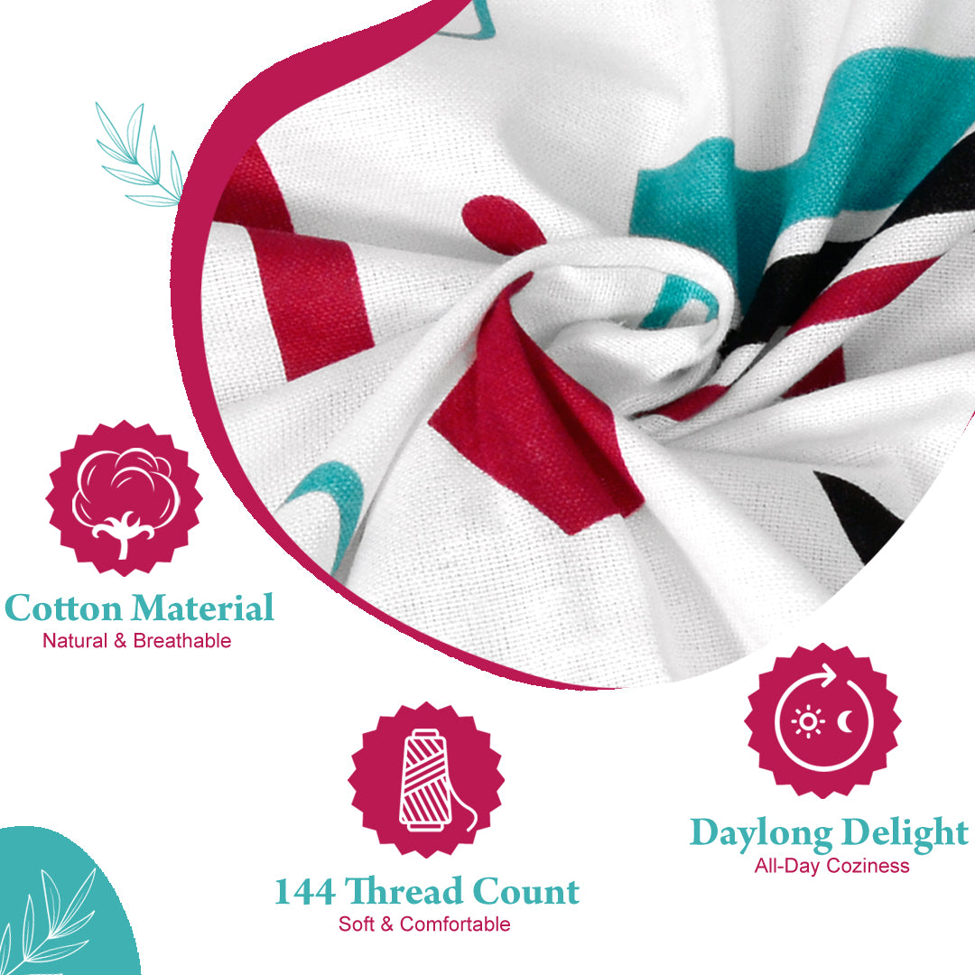 Red, Teal & White Abstract 144 TC Polycotton Double Bedsheet With 2 Pillowcovers