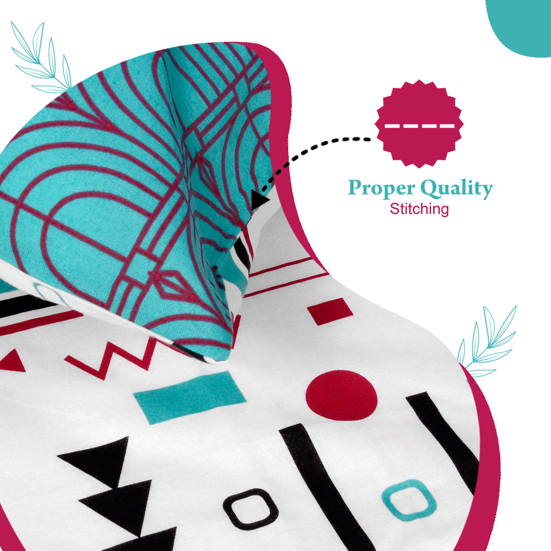 Red, Teal & White Abstract 144 TC Polycotton Double Bedsheet With 2 Pillowcovers