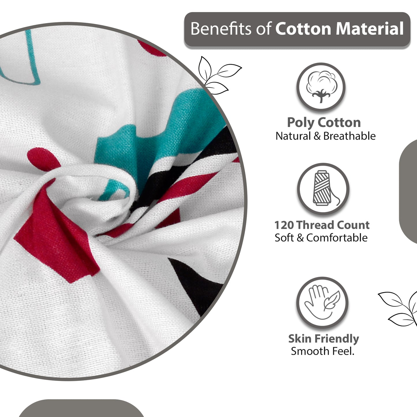 Red, Teal & White Abstract 144 TC Polycotton Double Bedsheet With 2 Pillowcovers