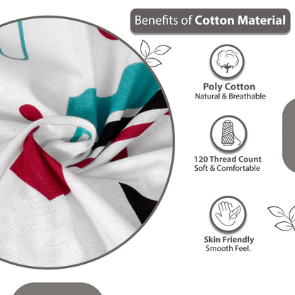 Red, Teal & White Abstract 144 TC Polycotton Double Bedsheet With 2 Pillowcovers