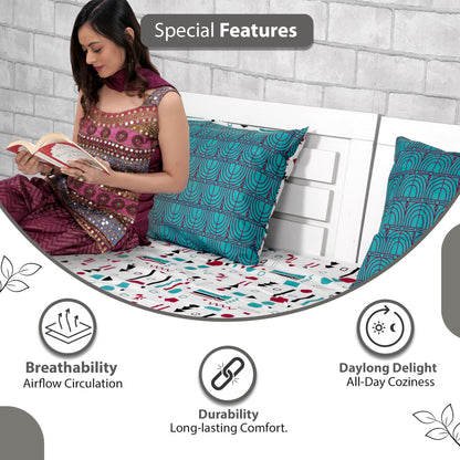 Red, Teal & White Abstract 144 TC Polycotton Double Bedsheet With 2 Pillowcovers