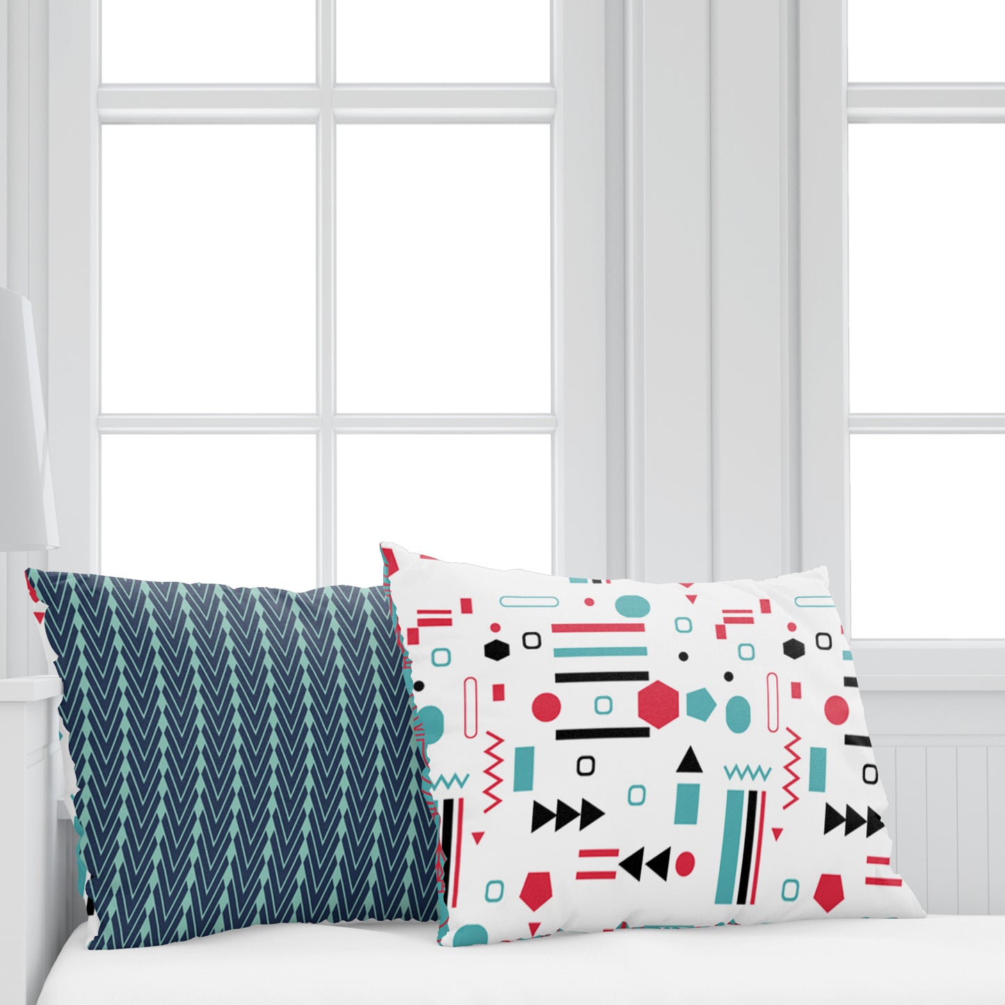 Red, Teal & White Abstract 144 TC Polycotton Double Bedsheet With 2 Pillowcovers
