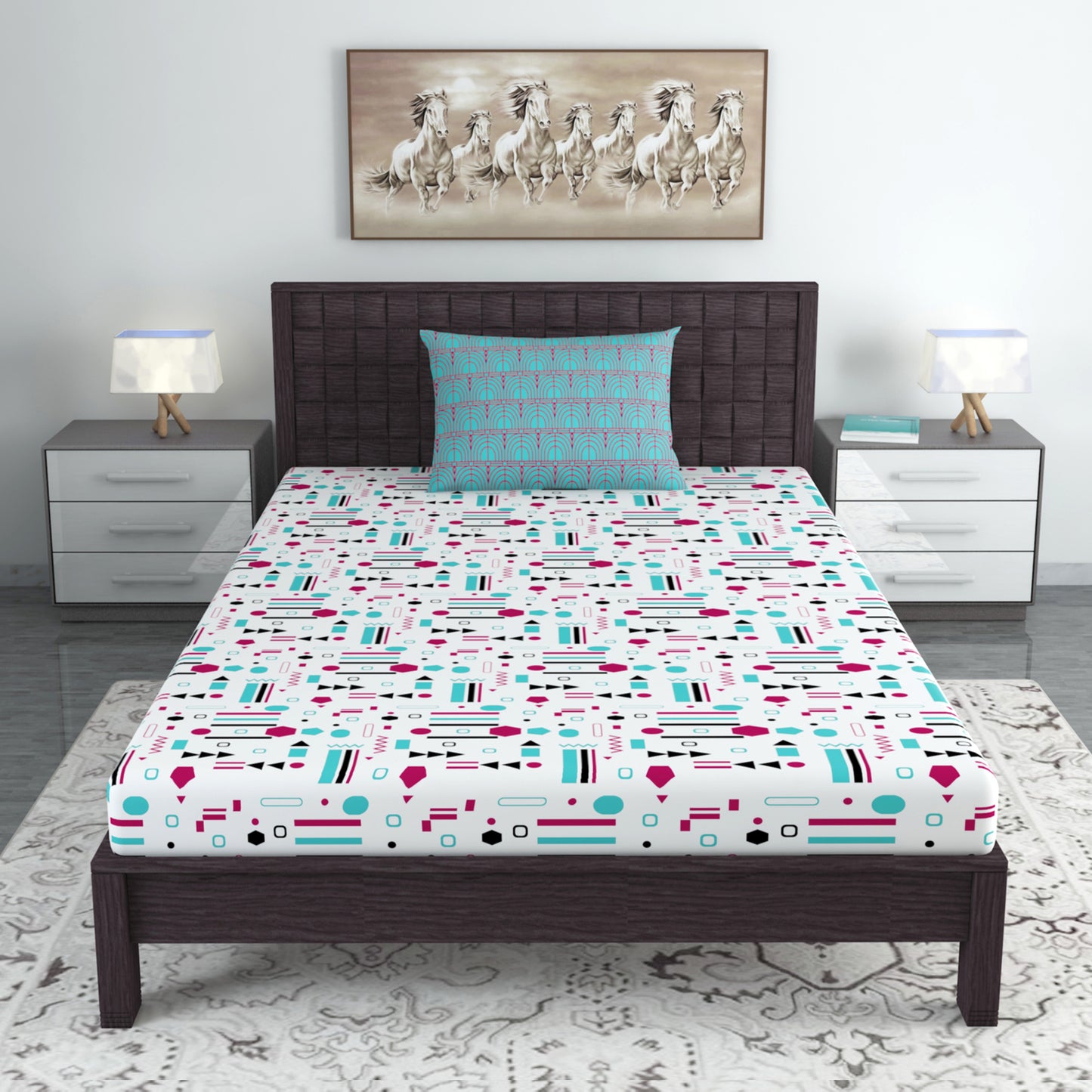 144 TC Red & Teal Abstract Cotton Single Bedsheet With 1 Pillowcover