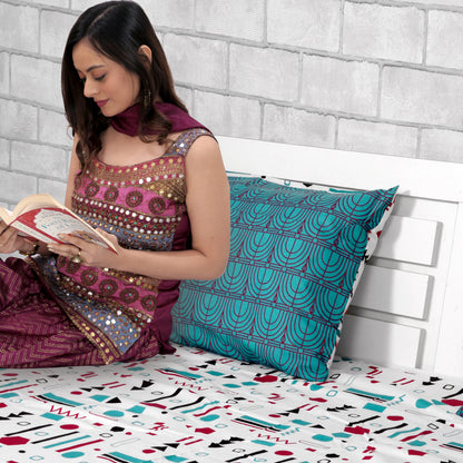 Red, Teal & White Abstract 144 TC Polycotton Double Bedsheet With 2 Pillowcovers