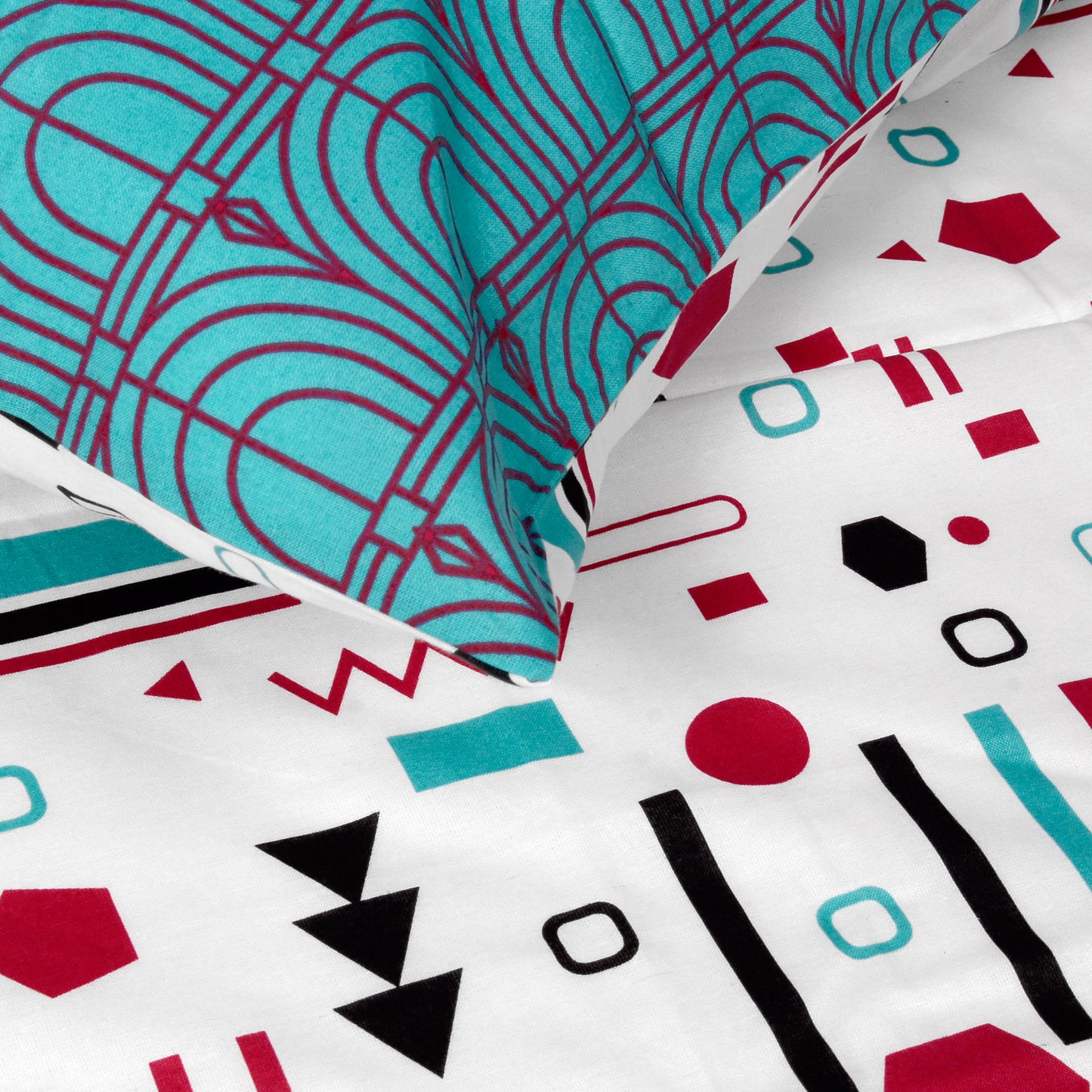 144 TC Red & Teal Abstract Cotton Single Bedsheet With 1 Pillowcover