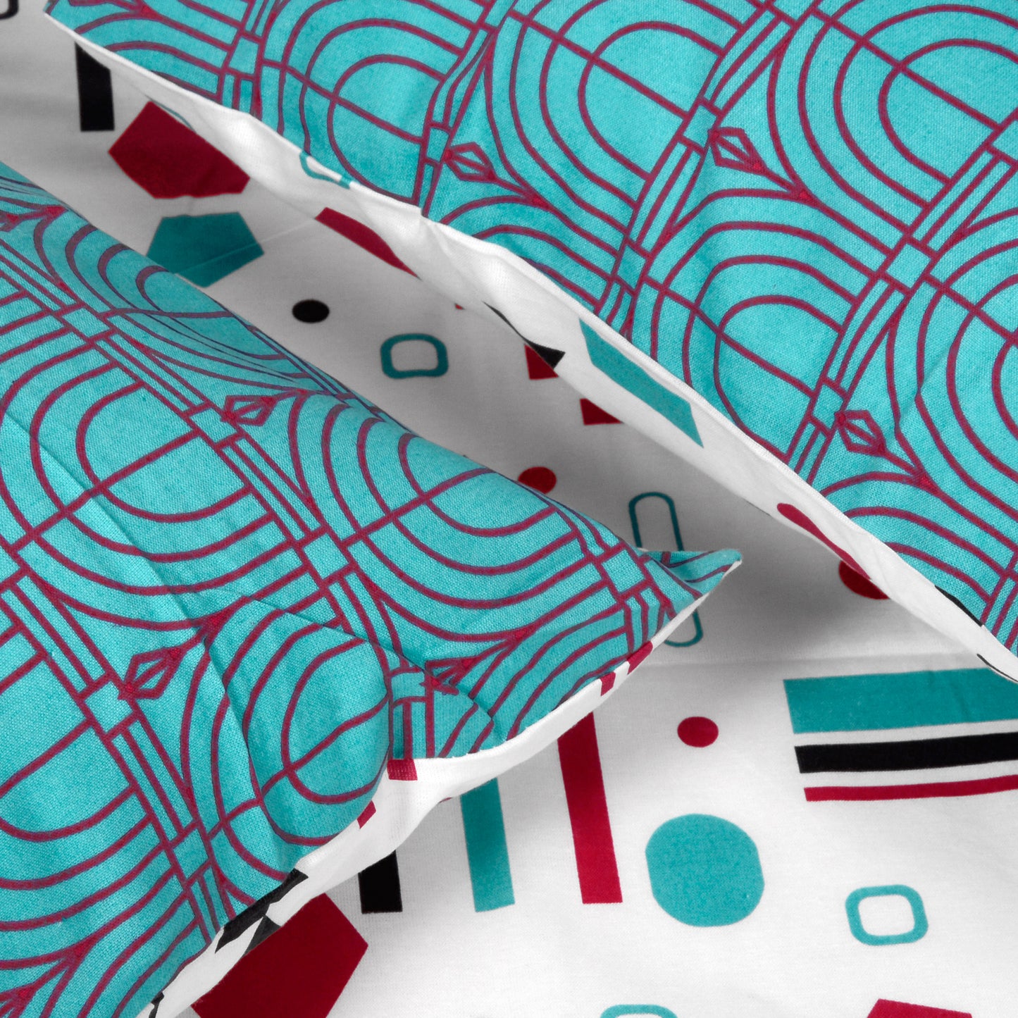 Red, Teal & White Abstract 144 TC Polycotton Double Bedsheet With 2 Pillowcovers