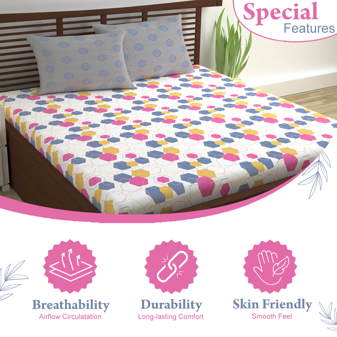 Yellow & Grey Geometric 144 TC Polycotton Double Bedsheet With 2 Pillowcovers