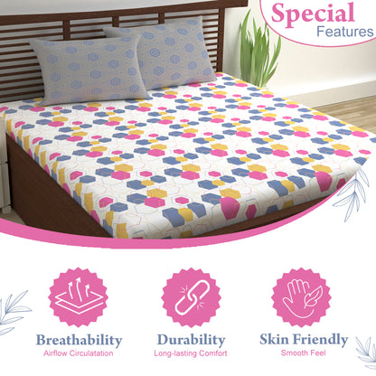 Yellow & Grey Geometric 144 TC Polycotton King Bedsheet With 2 Pillowcovers