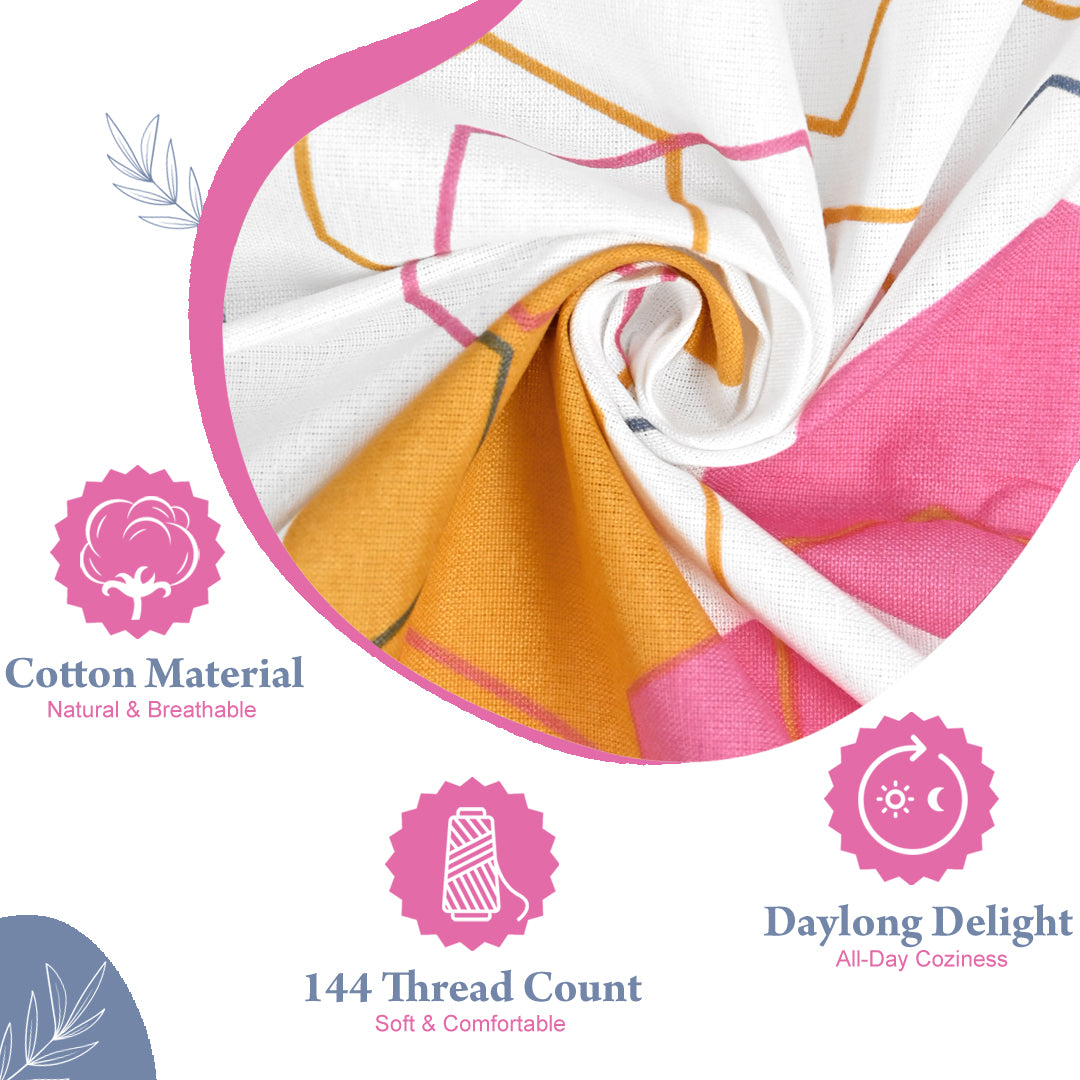 Yellow & Grey Geometric 144 TC Polycotton King Bedsheet With 2 Pillowcovers