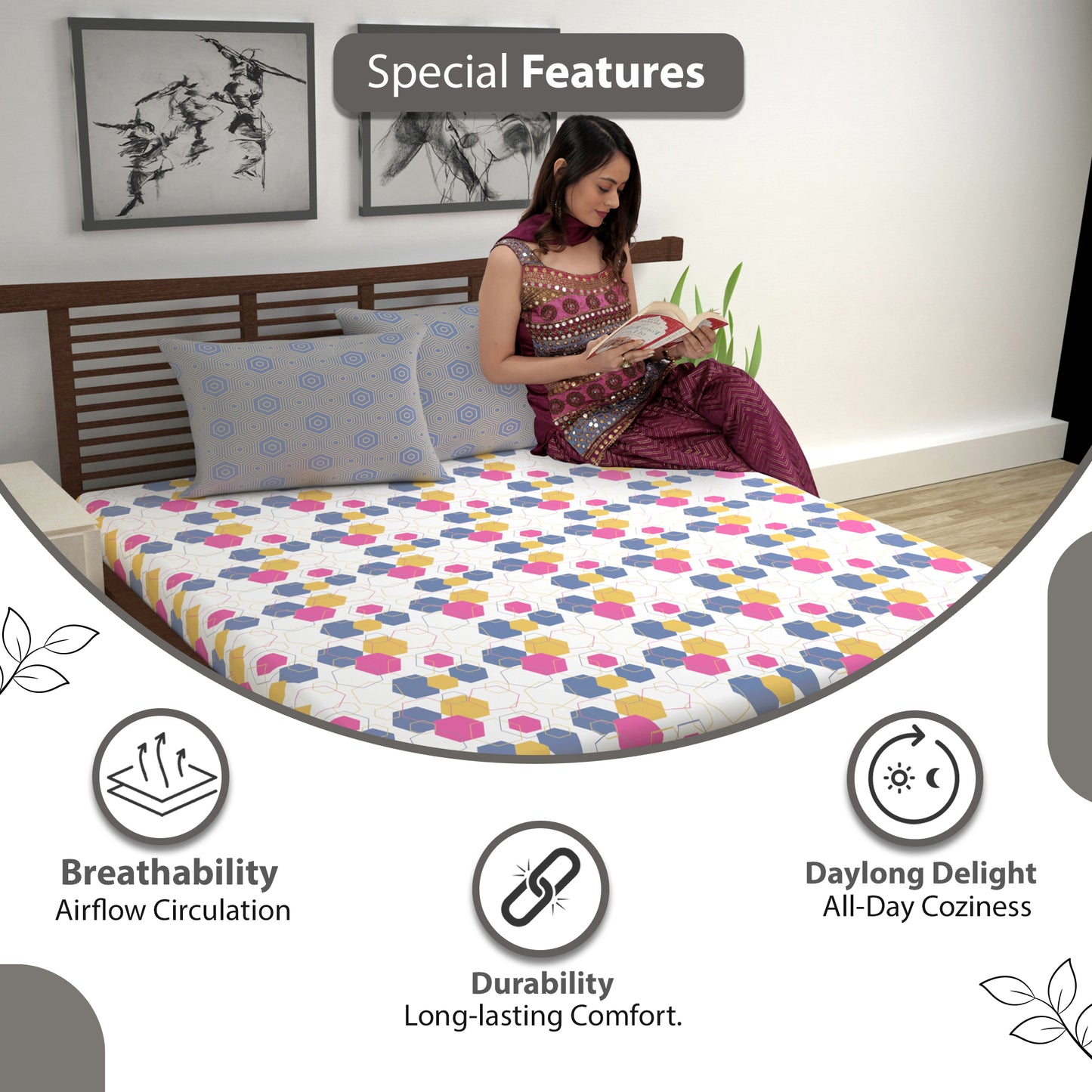 Yellow & Grey Geometric 144 TC Polycotton King Bedsheet With 2 Pillowcovers